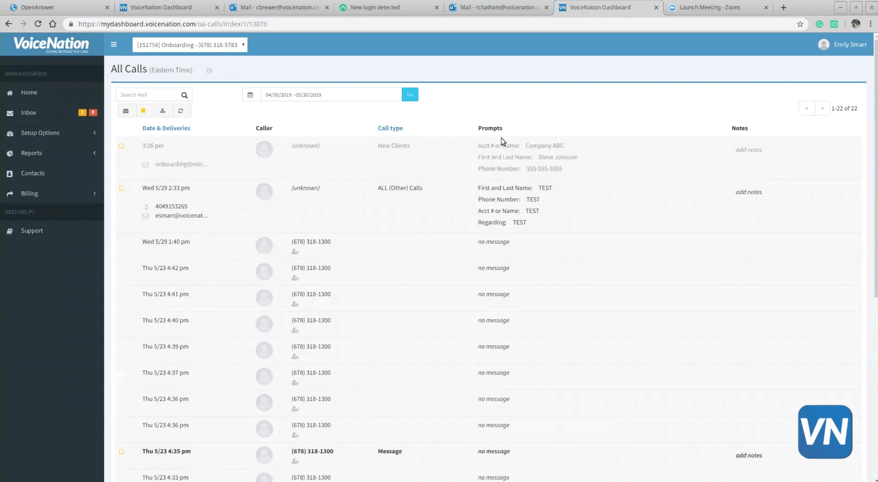 Screenshot of VoiceNation's answering service dashboard