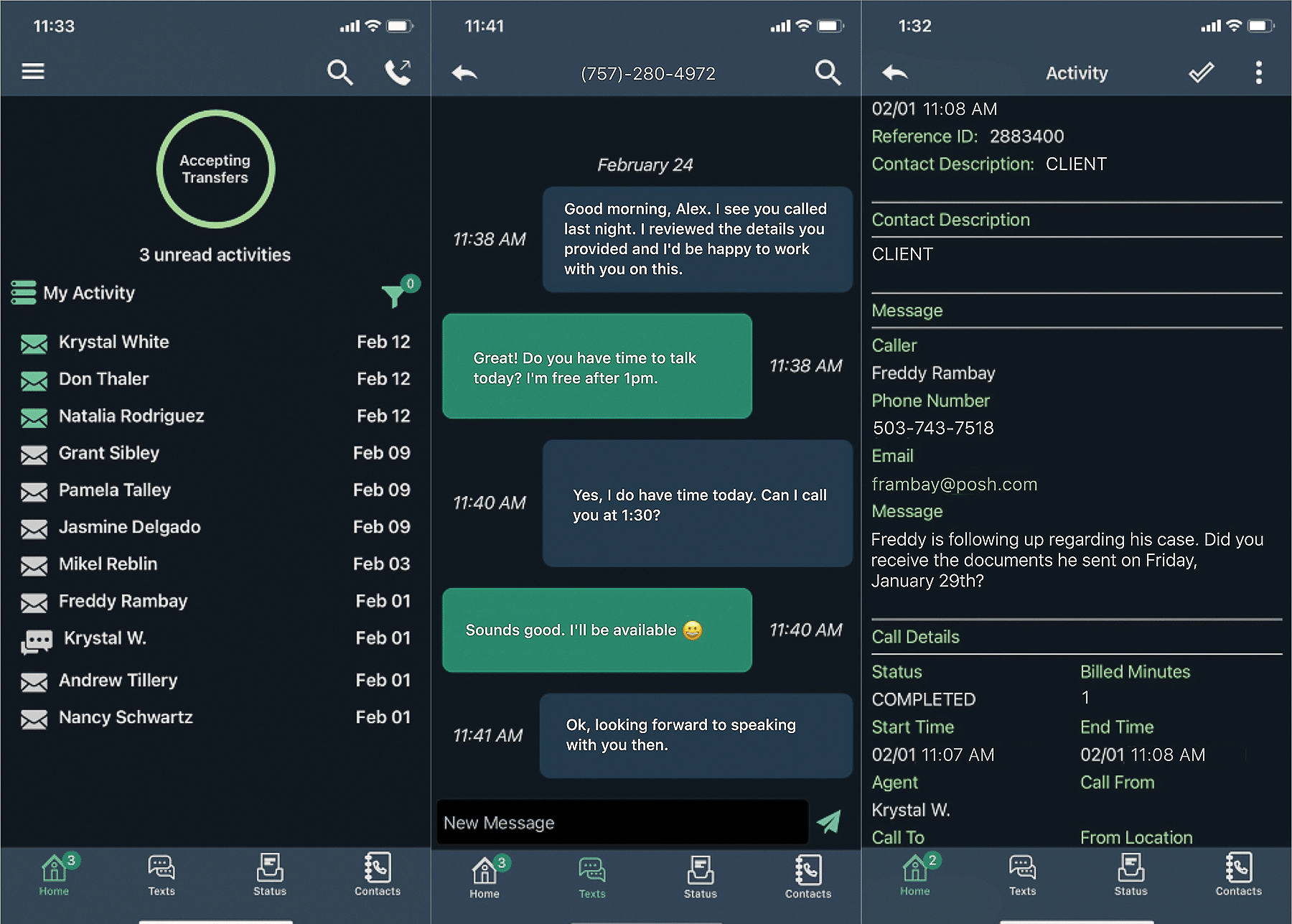 Screenshot of Posh's answering service mobile app