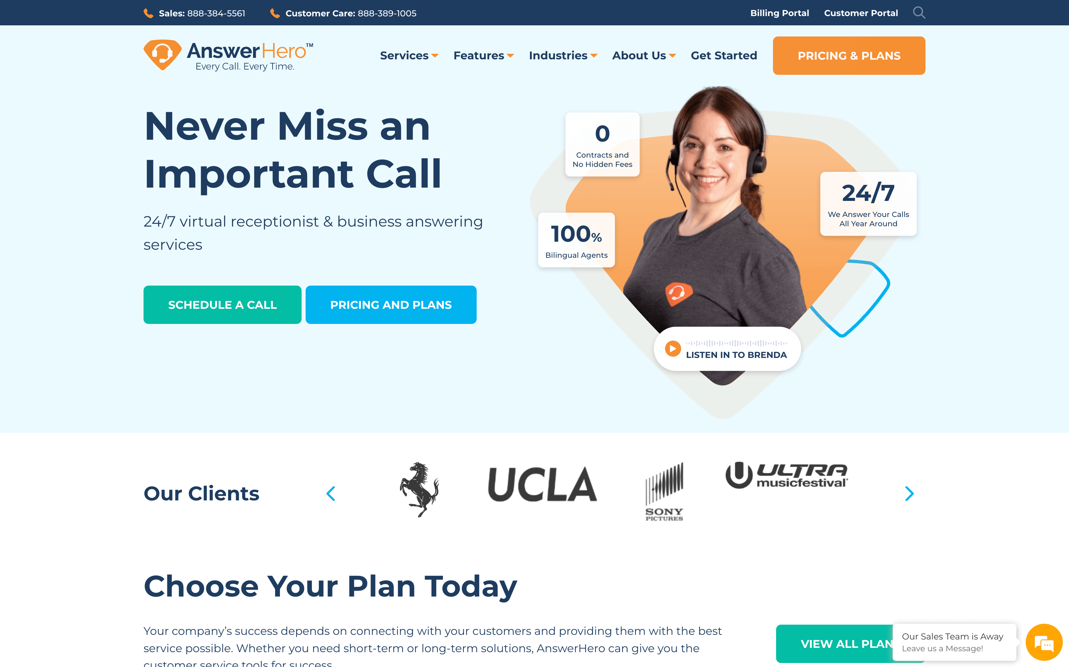 Screenshot of AnswerHero's answering service website