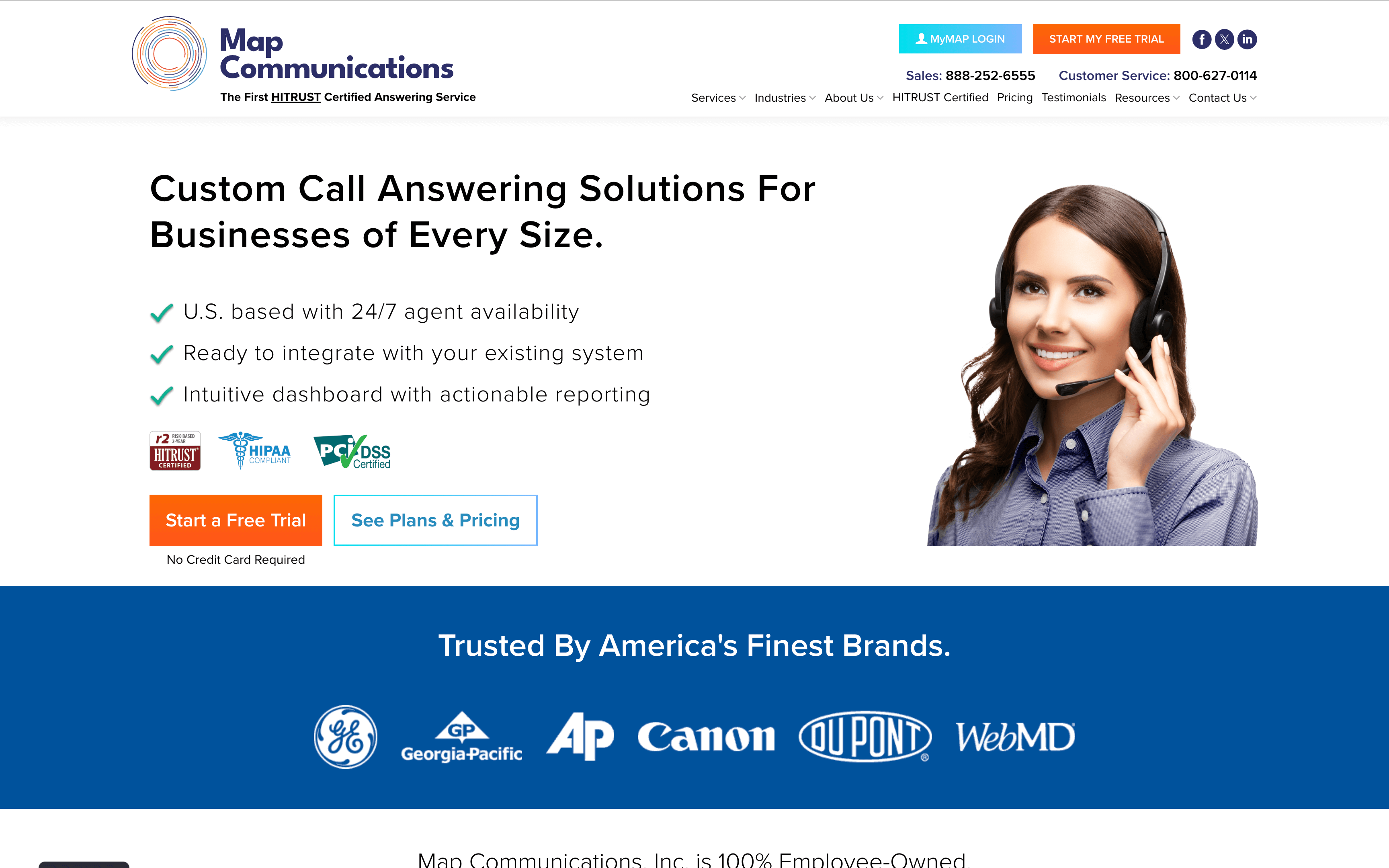 Screenshot of MAP Communication's answering service website