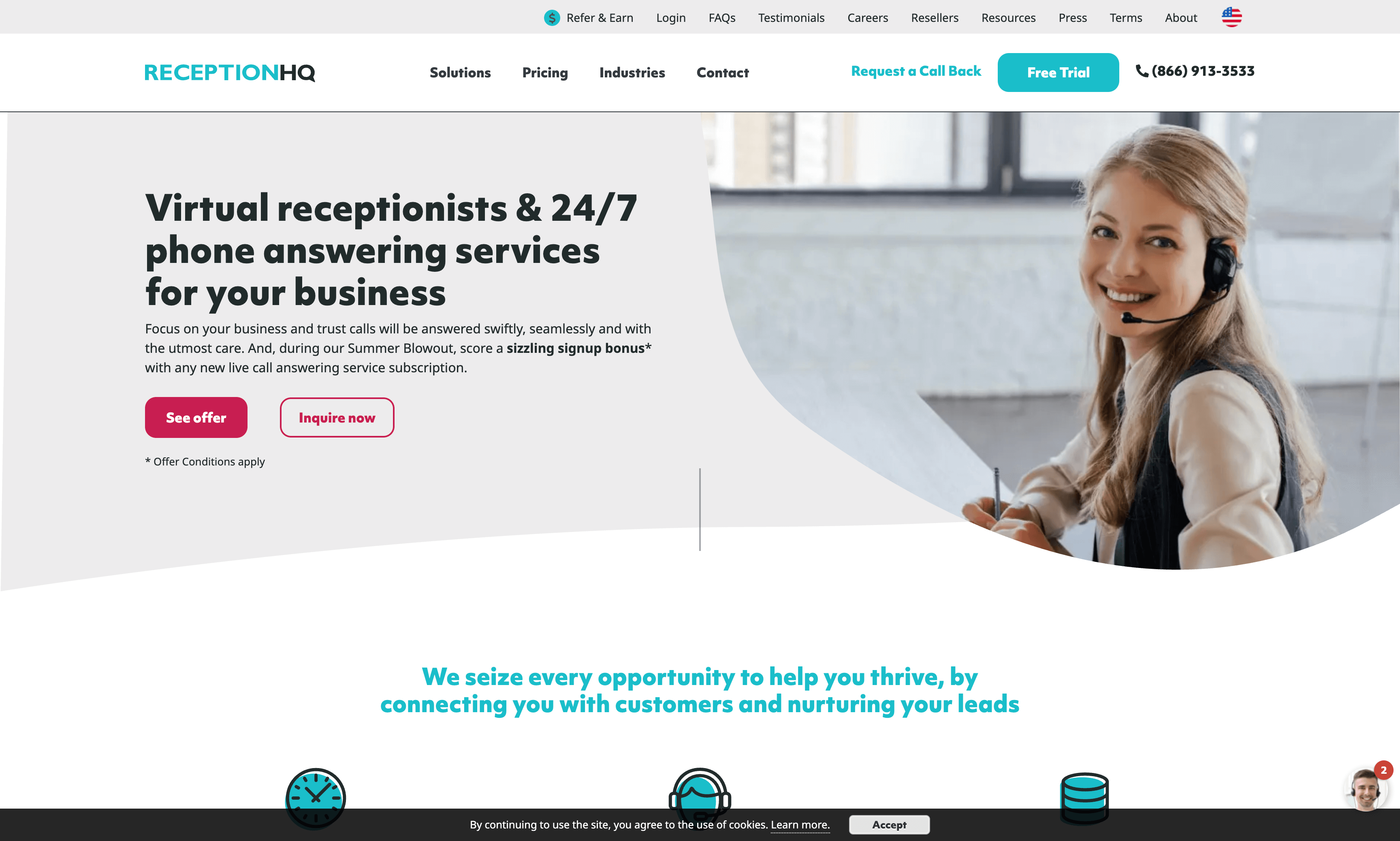 Screenshot of ReceptionHQ's answering service website