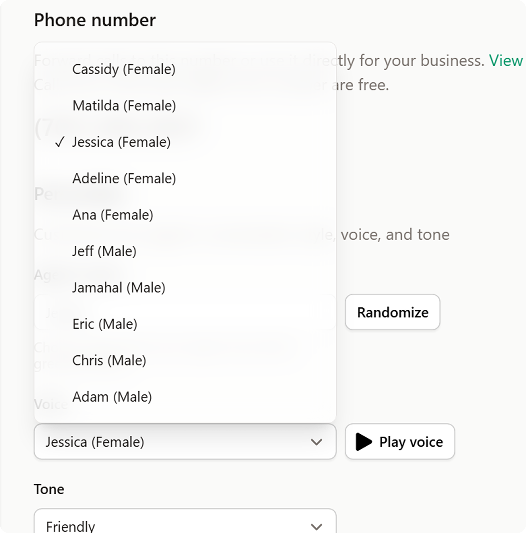 Voice selection menu in the AI multilingual receptionist displaying options like Cassidy, Matilda, Jessica, Jeff, and Adam.