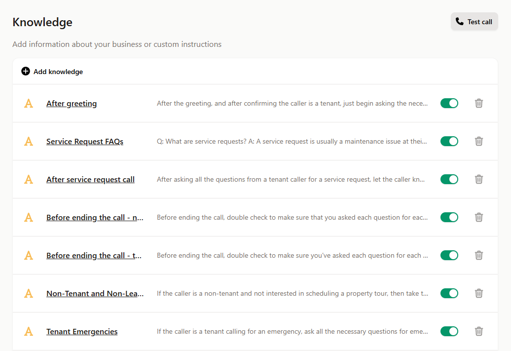Upfirst AI multilingual receptionist dashboard showing the Knowledge section with entries like ‘After greeting,’ ‘Service Request FAQs,’ and toggles to enable each response.