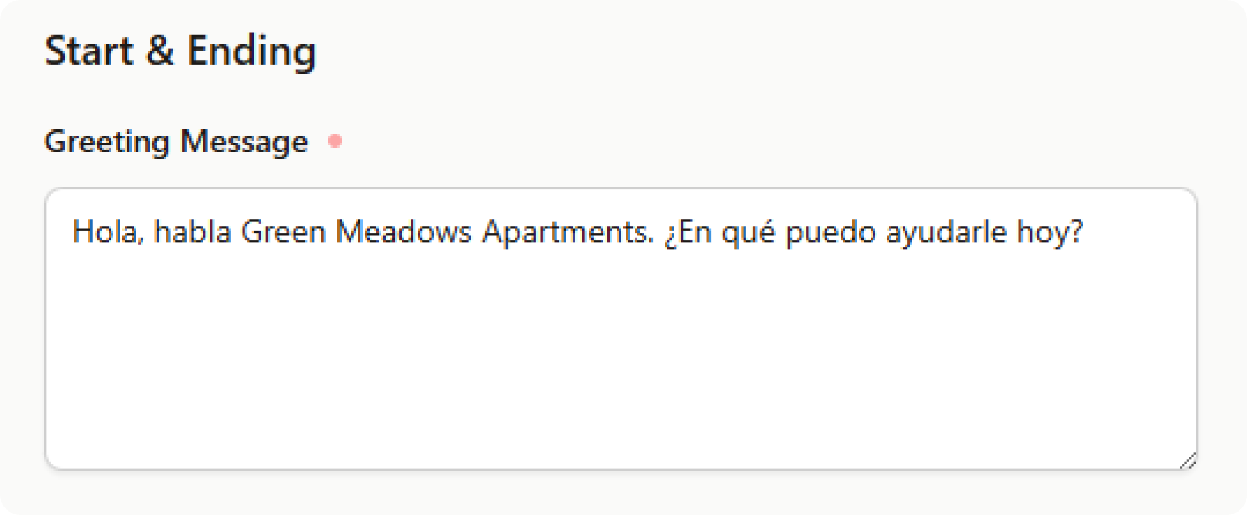 Setup screen for the AI multilingual receptionist showing a Spanish greeting message: ‘Hola, habla Green Meadows Apartments. ¿En qué puedo ayudarle hoy?’.