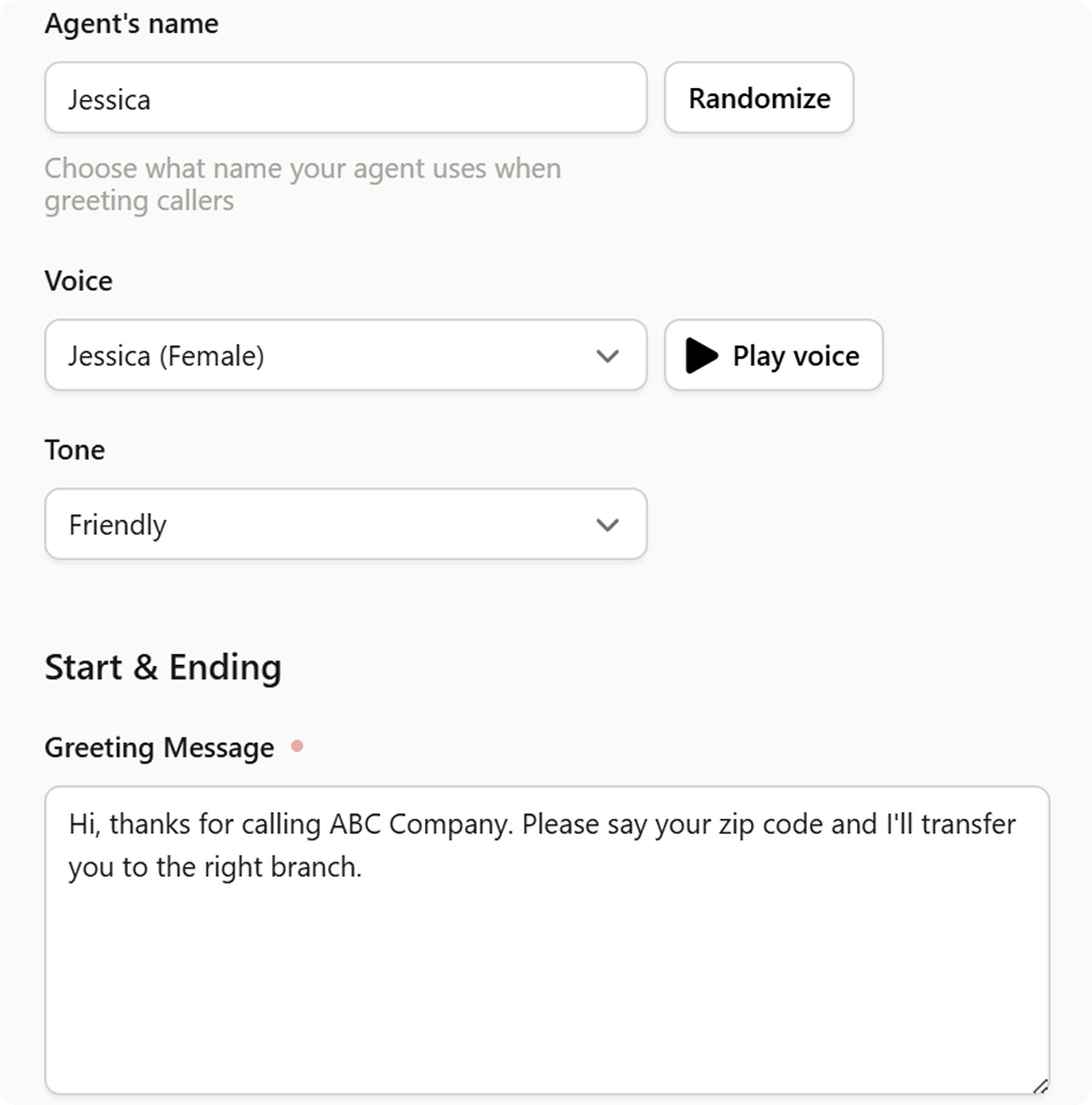 Screenshot showing setup of an AI voice agent with friendly tone and greeting message asking for the caller’s ZIP code to route them to the correct branch.