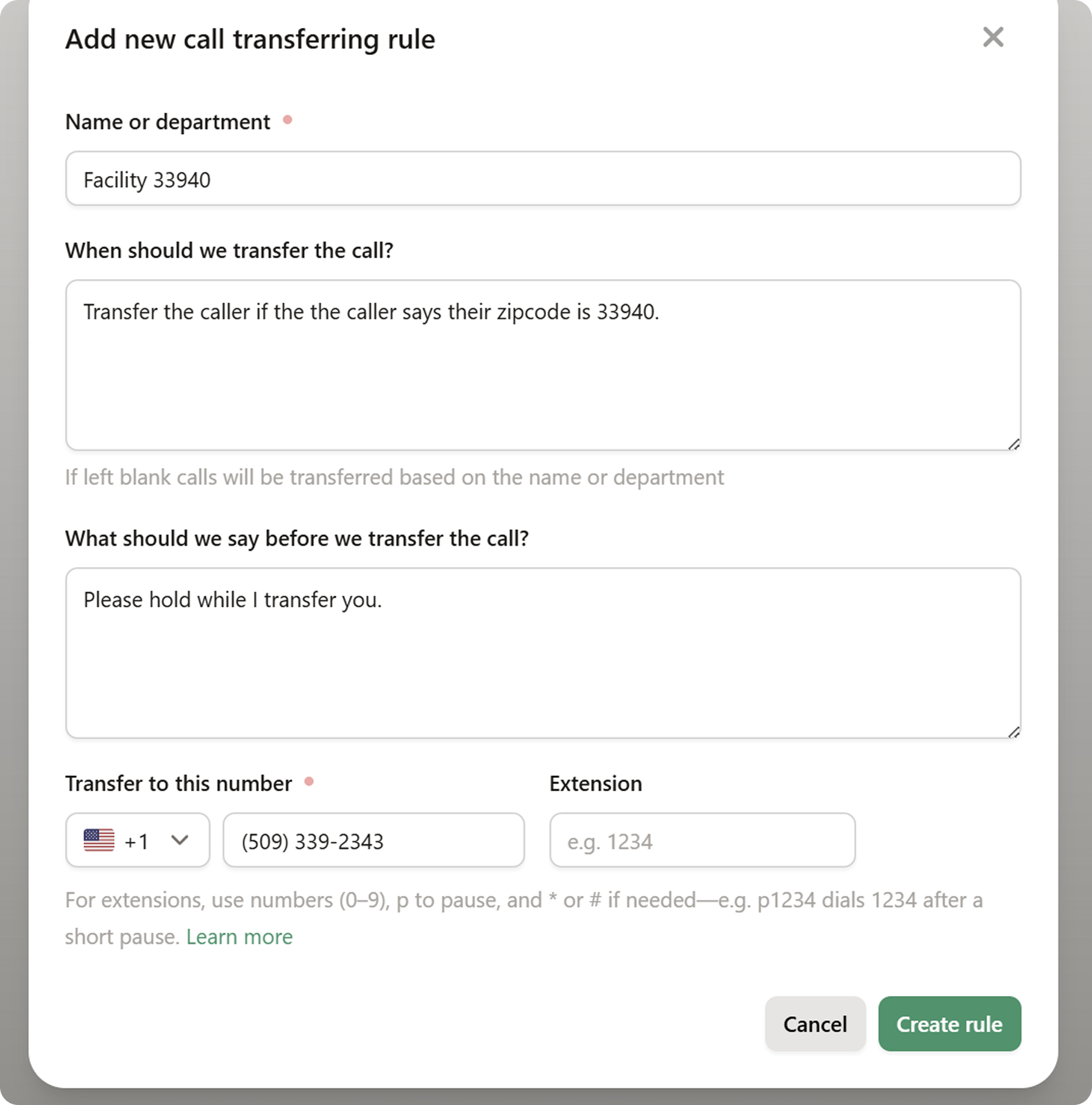 Screenshot of a call transfer rule where the AI voice agent routes calls to a facility when the caller provides ZIP code 33940.