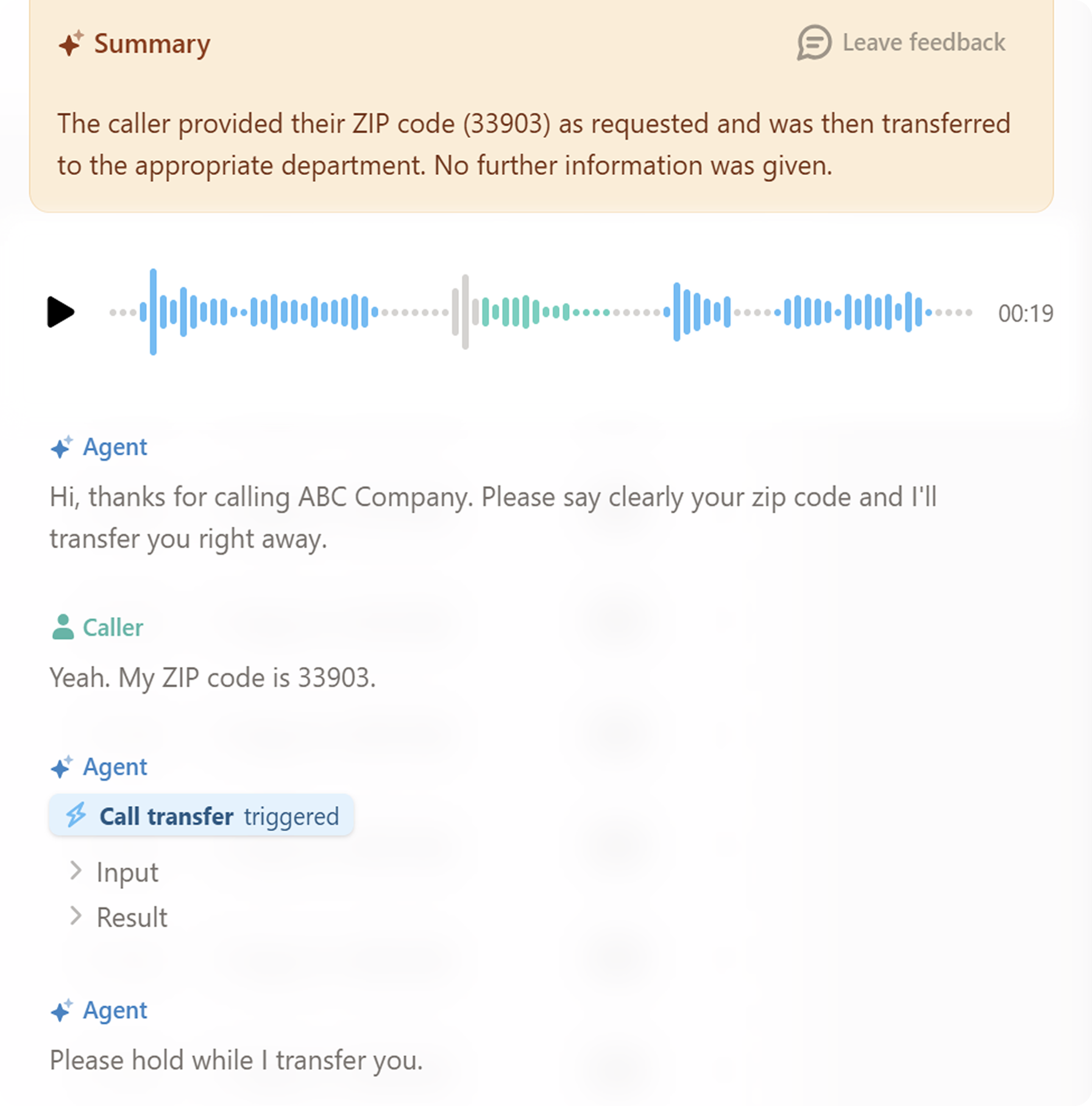 Screenshot showing AI voice agent capturing a caller’s ZIP code, triggering call transfer, and confirming the transfer to the correct department.