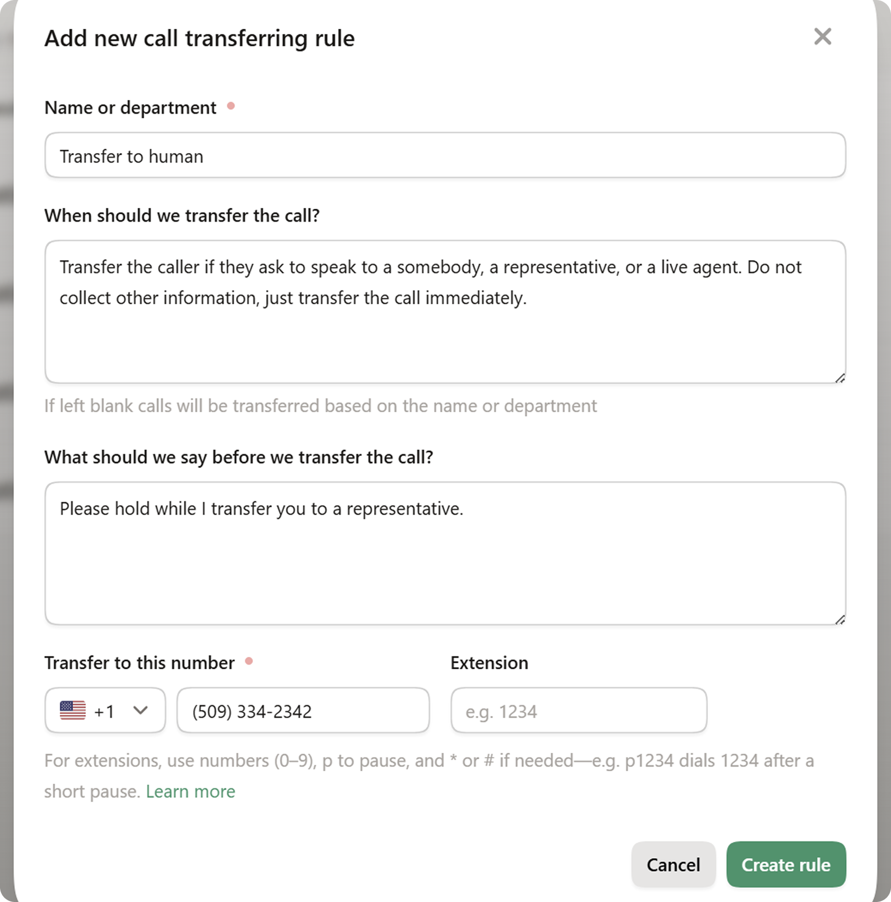 Example of how to set up call routing rules for voice AI to route to a bilingual human agent when needed