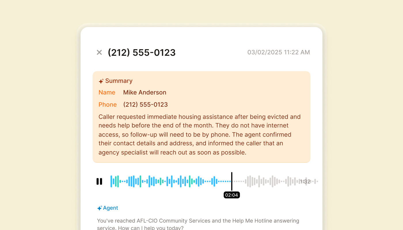 Example of how the nonprofit AFL-CIO Community Services uses Upfirst to answer calls and connect people in need to resources.