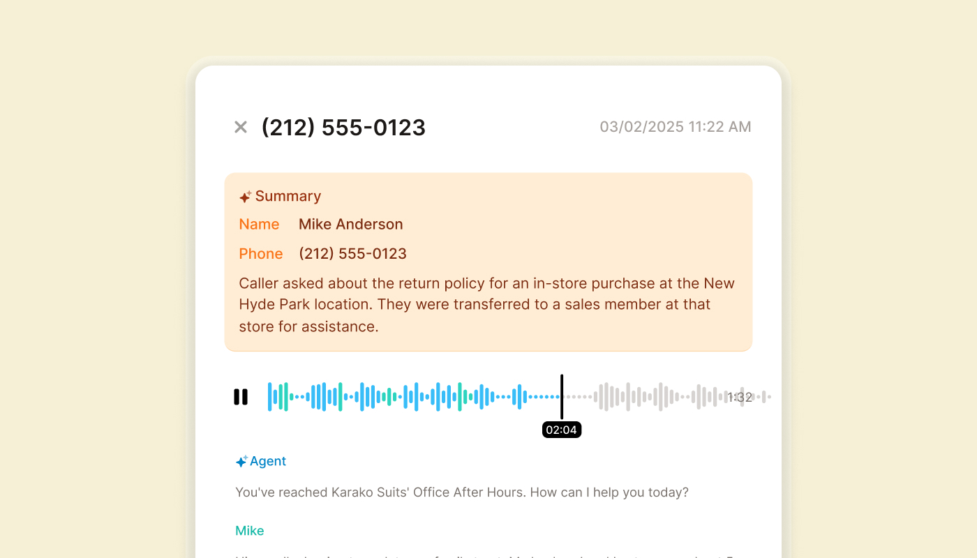 Example of a call log summary with recording and transcriptions for a retail store using an AI answering service.