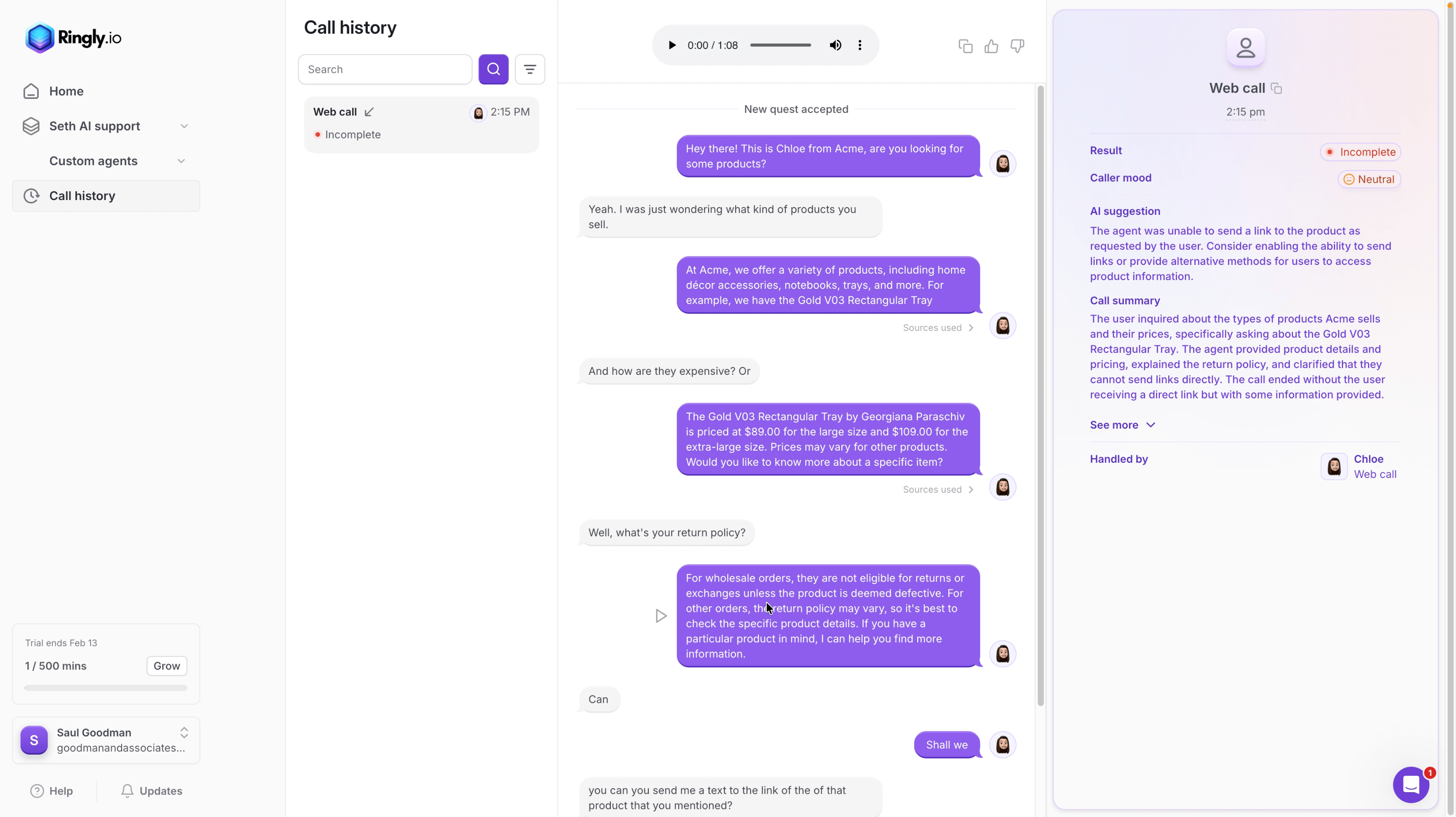 Screenshot of Ringly AI answering service