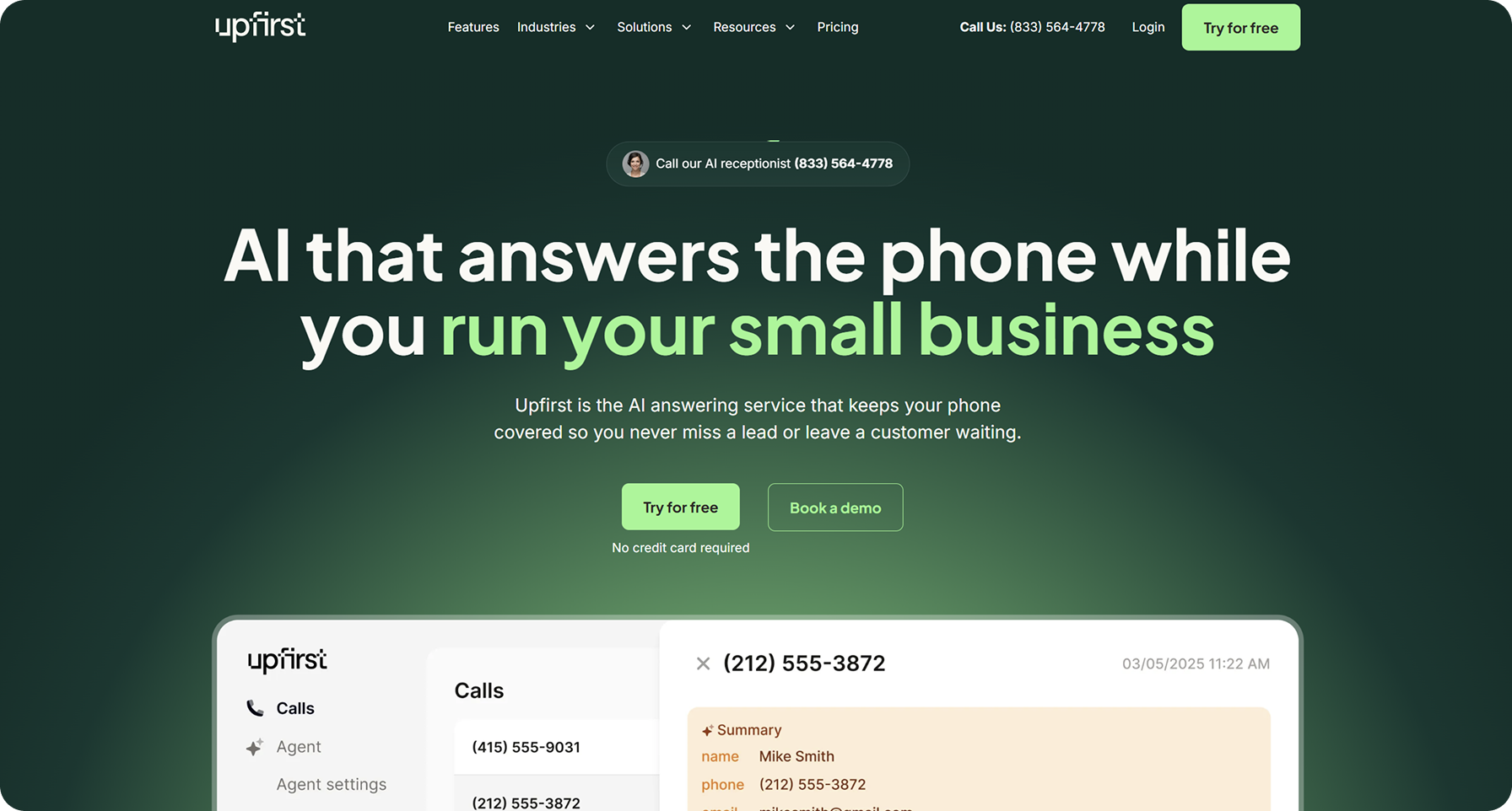 Upfirst AI booking platform for small businesses displaying phone answering service interface with automated call summaries and appointment details
