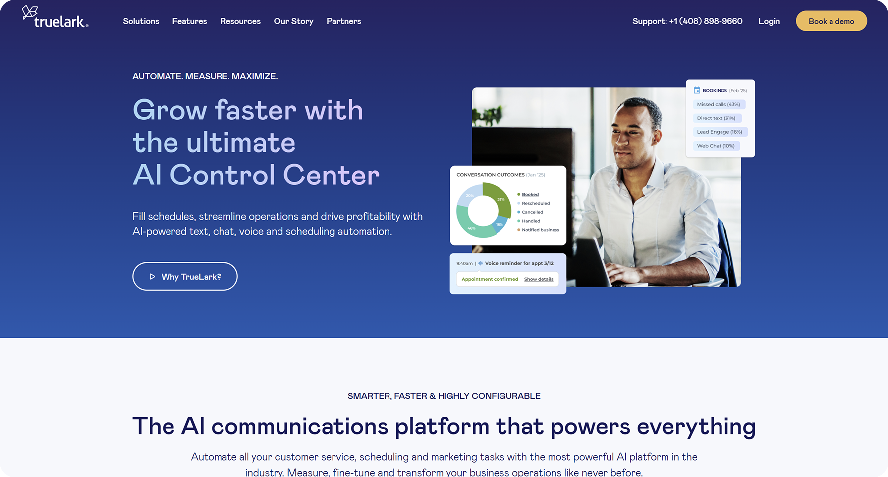 TrueLark AI booking platform for small businesses showing analytics dashboard with appointment booking statistics and conversation outcomes