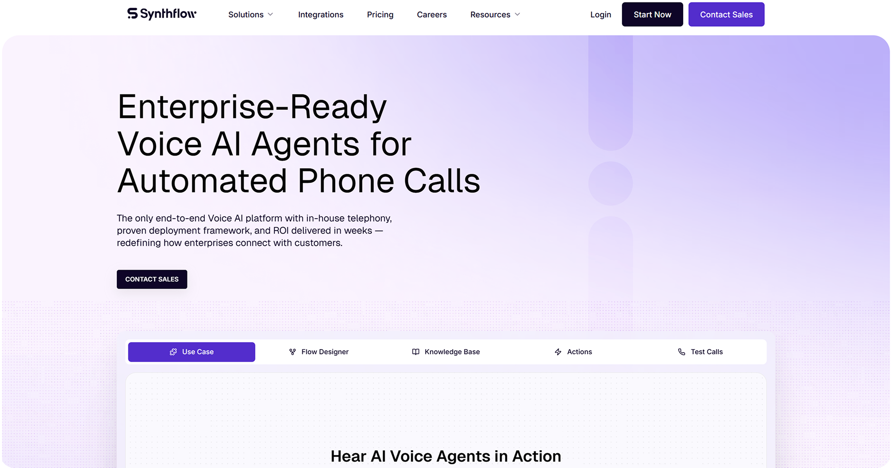 Synthflow enterprise voice AI booking platform interface for automated phone call scheduling and customer interactions