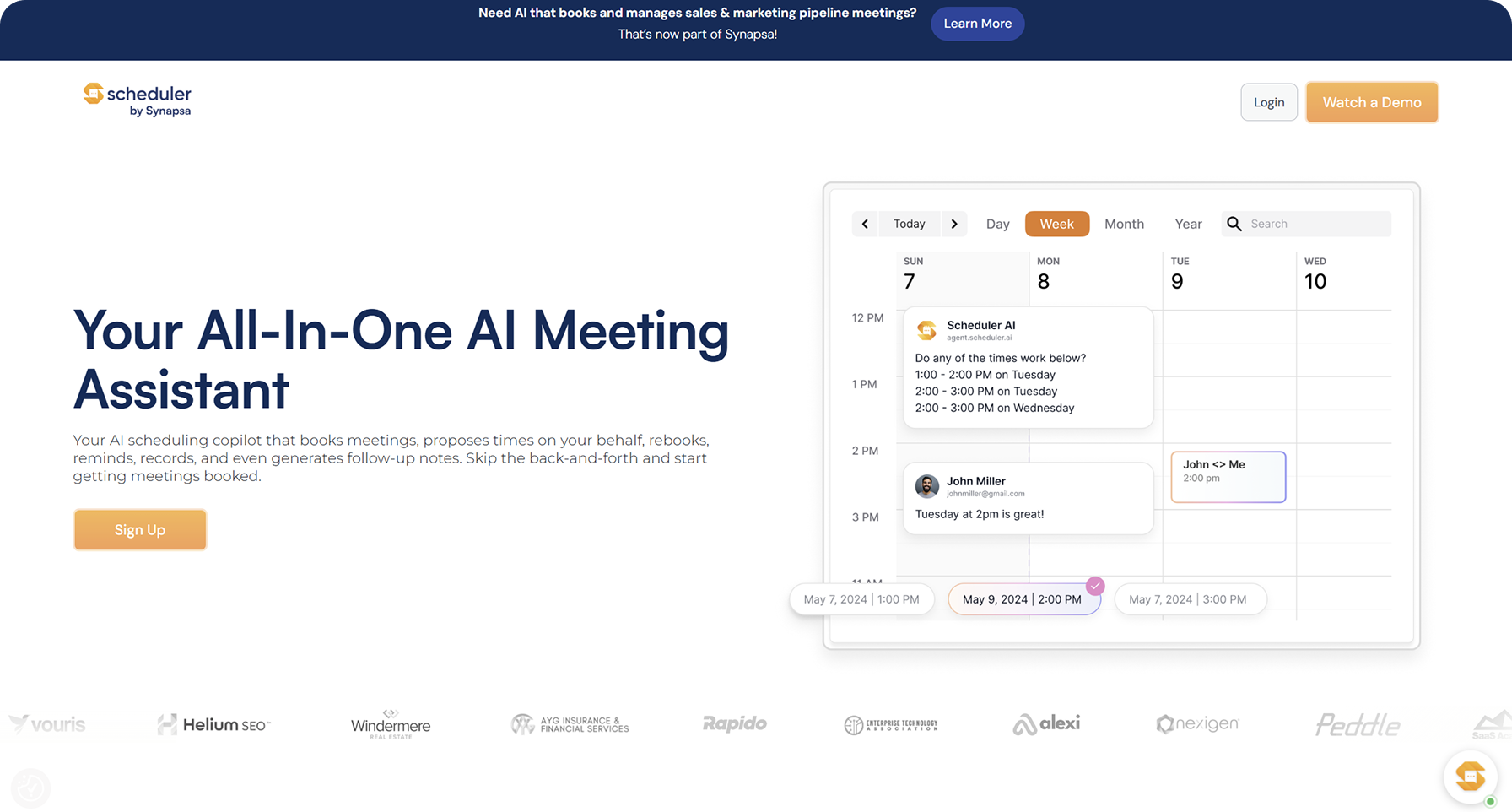 Scheduler AI booking platform for small businesses displaying email-based meeting scheduler with automated time proposals and calendar sync
