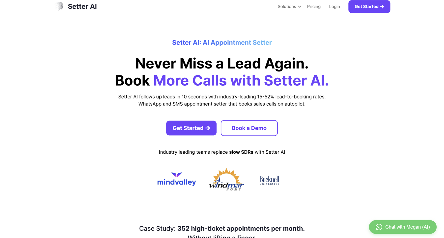 Setter AI booking platform homepage promoting automated lead qualification and appointment setting with high conversion rates