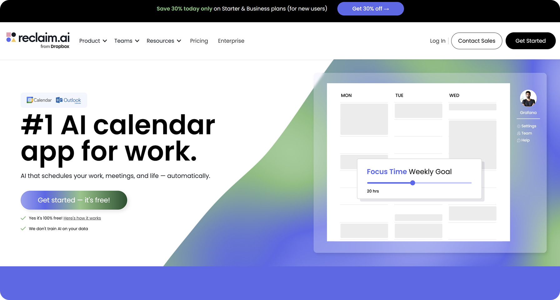 Reclaim.ai AI booking platform dashboard showing calendar interface with automated focus time scheduling for work productivity