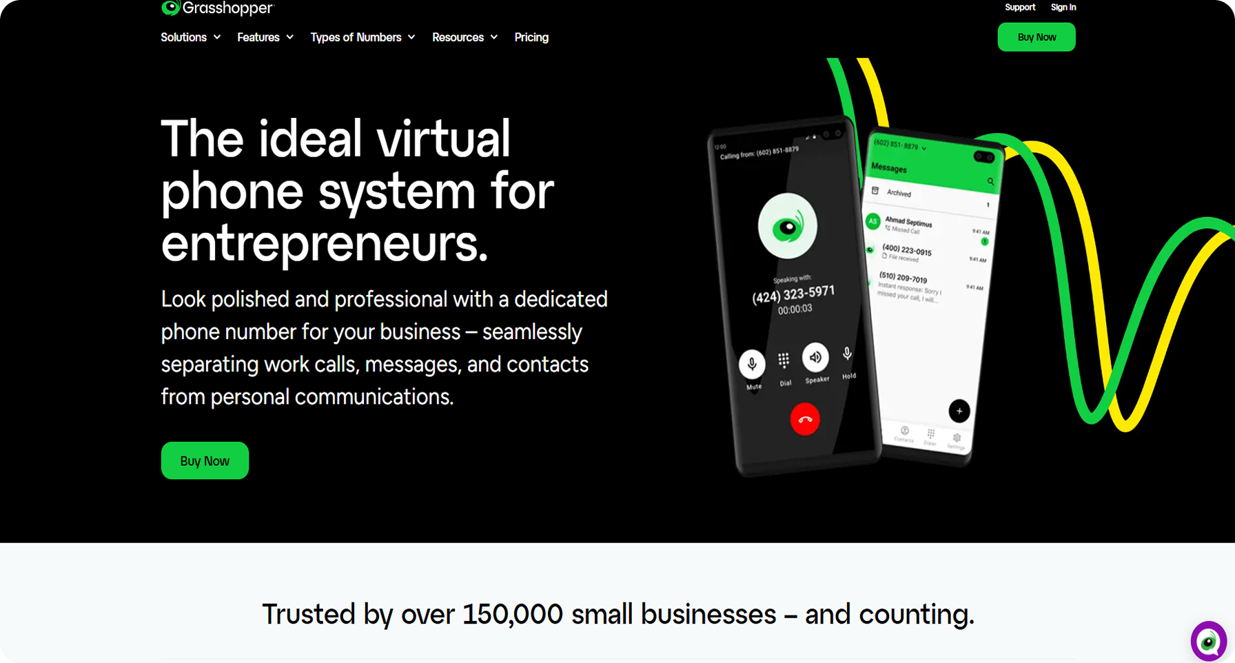 Grasshopper virtual phone system homepage for entrepreneurs - a VoIP small business solution that separates work and personal calls