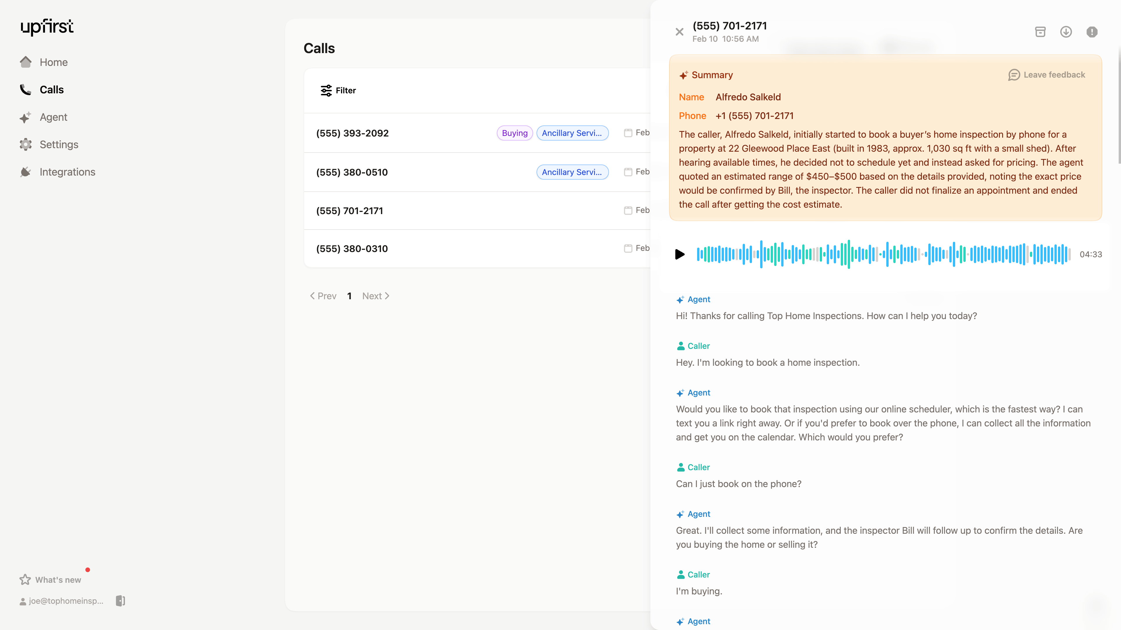 Screenshot of Upfirst AI answering service dashboard