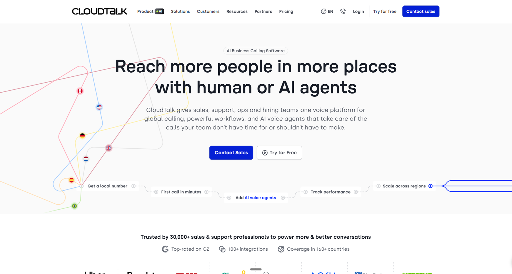 CloudTalk's homepage highlighting why it's among the best IVR providers for international communications with local numbers in 160+ countries and AI voice agents.