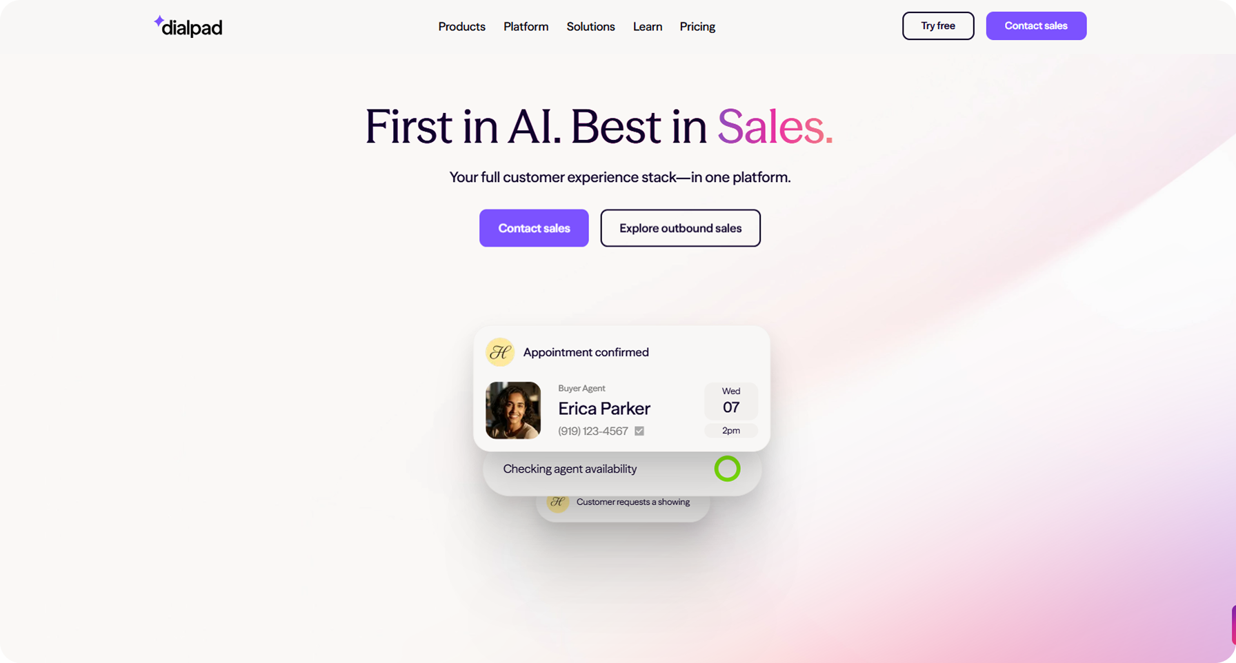 Dialpad's homepage featuring its IVR phone system with AI-powered appointment scheduling, smart call routing, and sales automation tools.