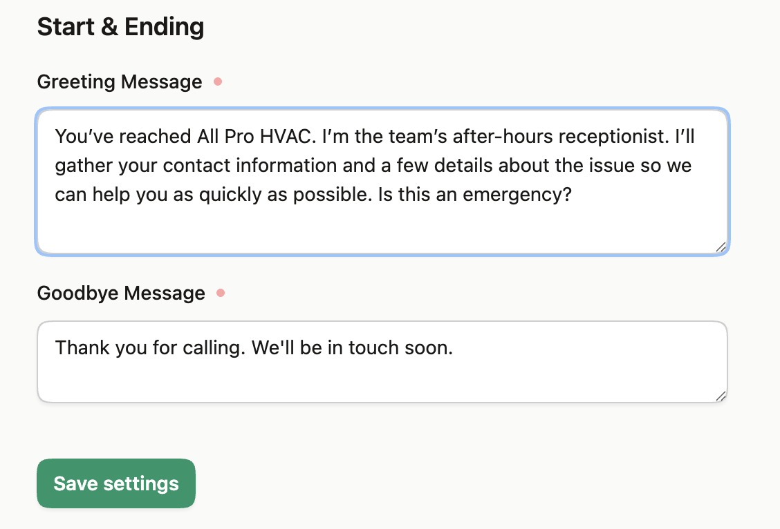 Screenshot of Upfirst interface showing the ability to set a custom greeting message