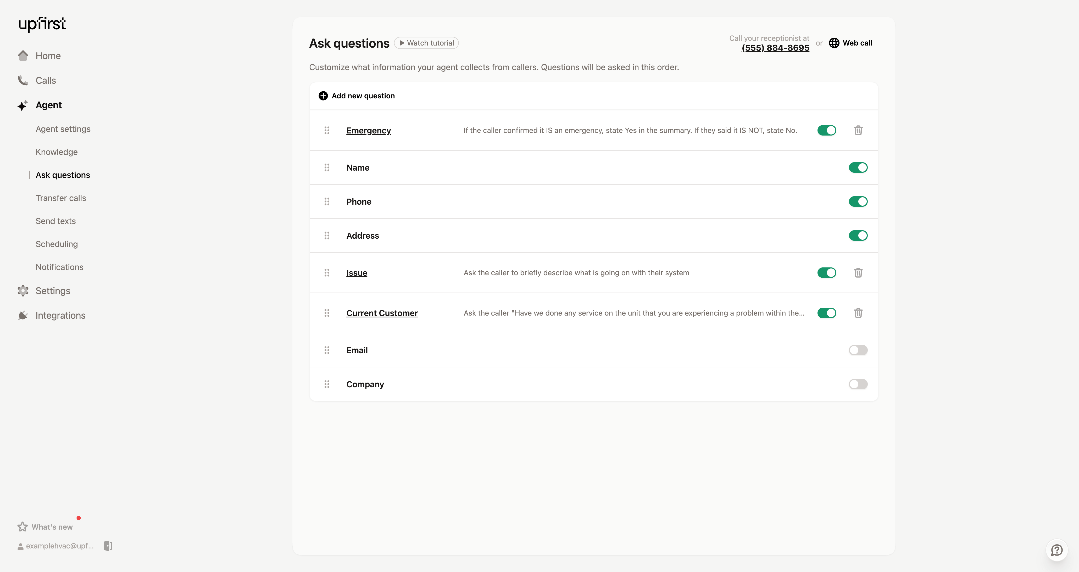 Screenshot showing configuration of custom fields in Upfirst to create after-hours receptionist for home services