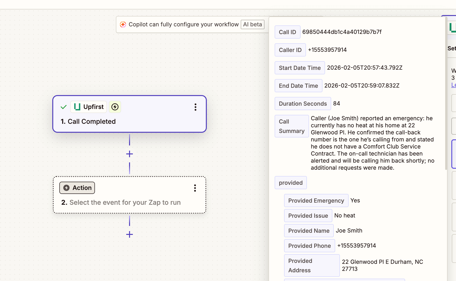 Example of structured data in Zapier when using Upfirst
