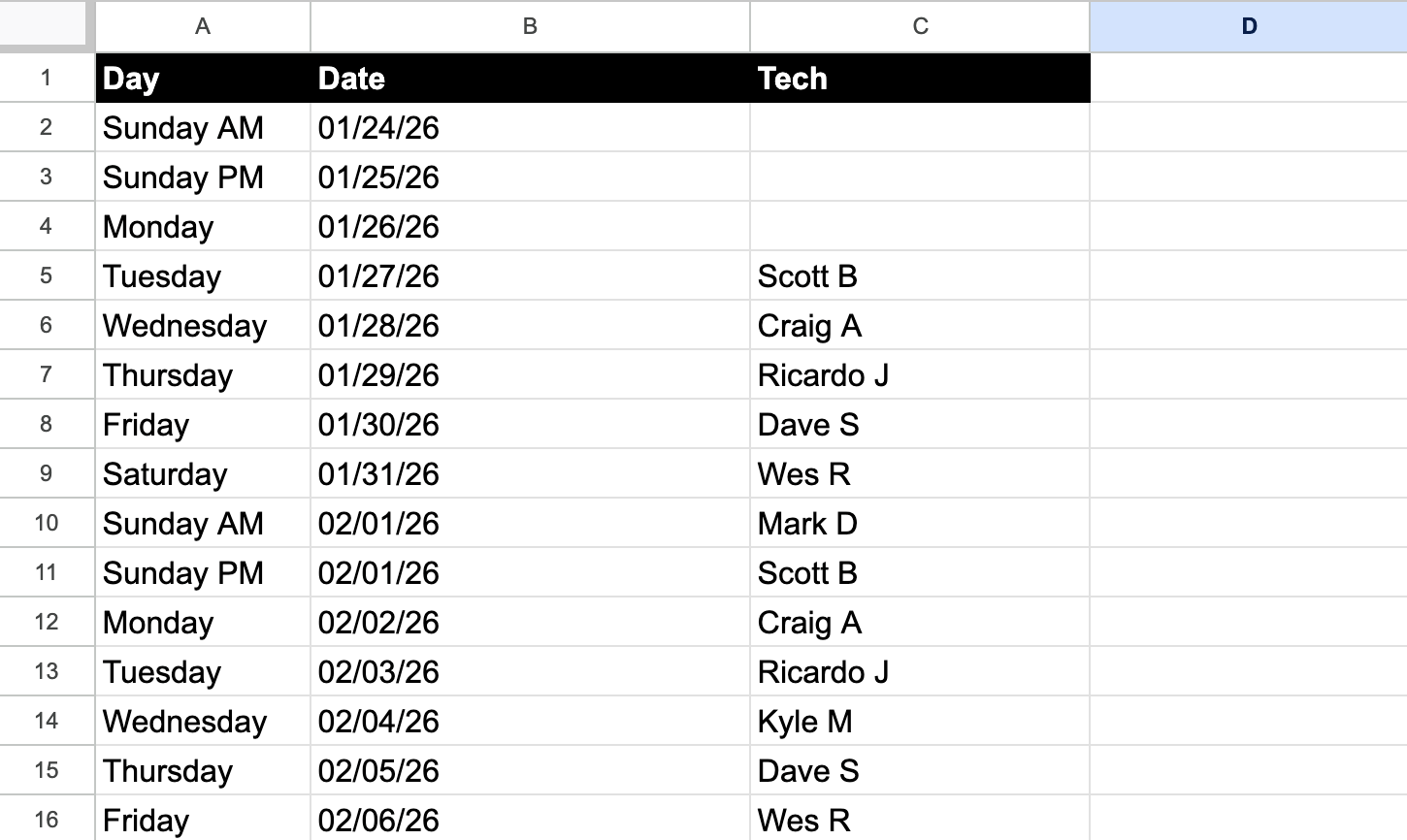 Screeenshot of Google Sheet with on-call schedule