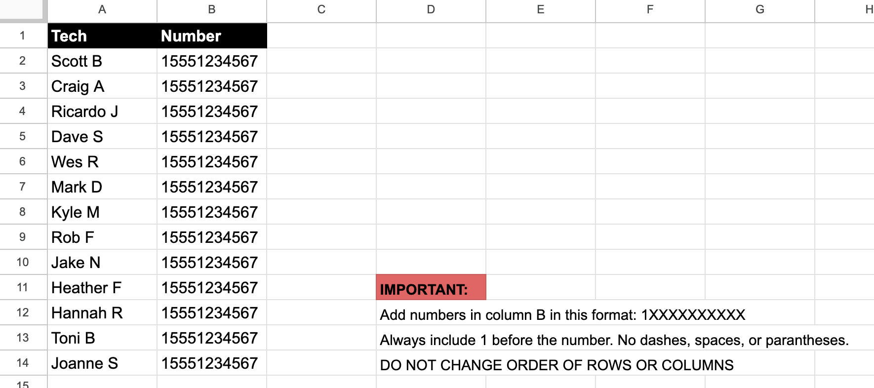 Screenshot of spreadsheet showing tech contact info