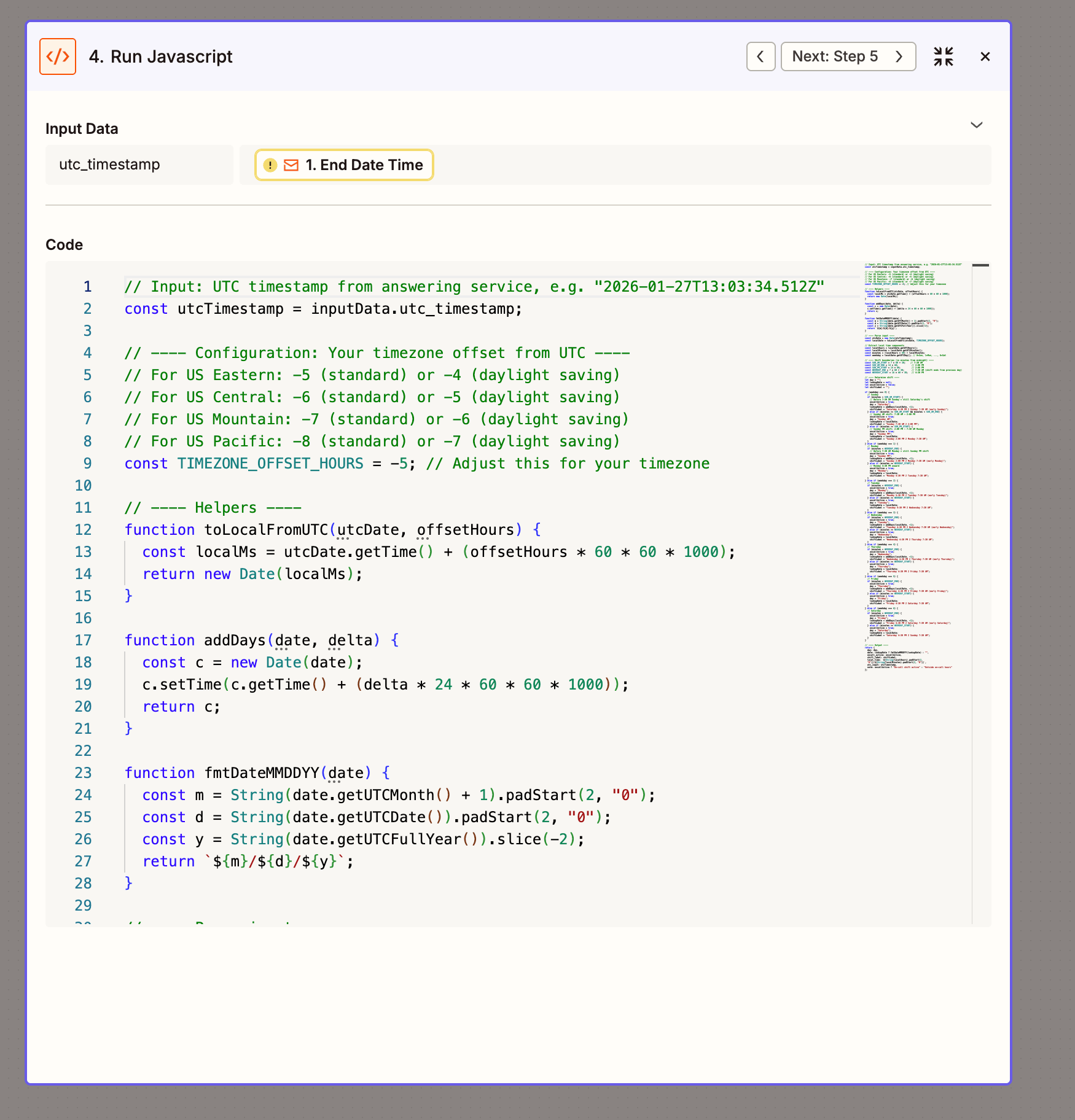 Screenshot of code step in Zapier