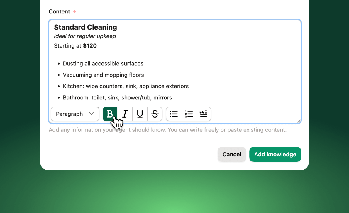 Rich text editor for formatting knowledge base articles