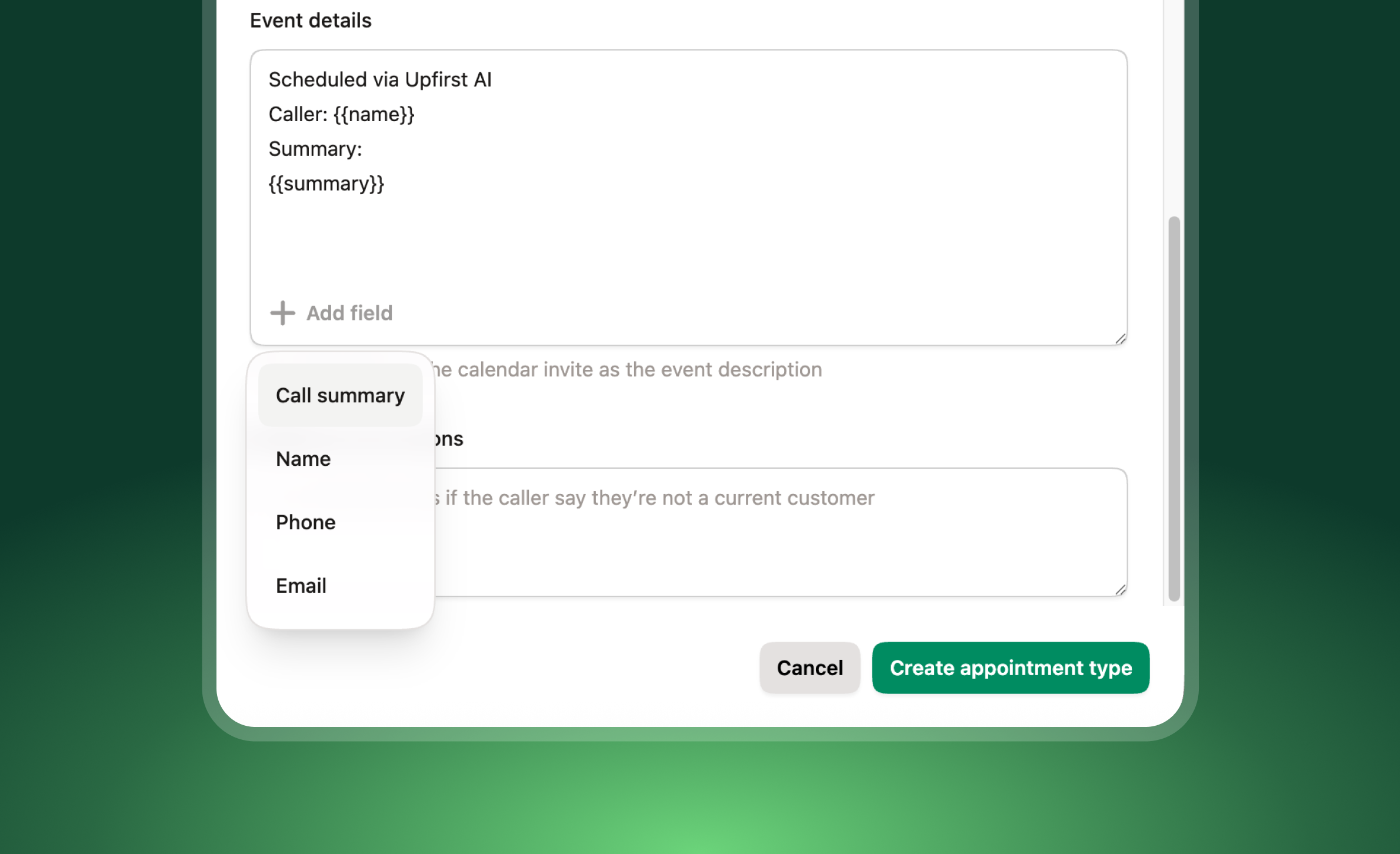 Calendar event with caller details auto-populated in description