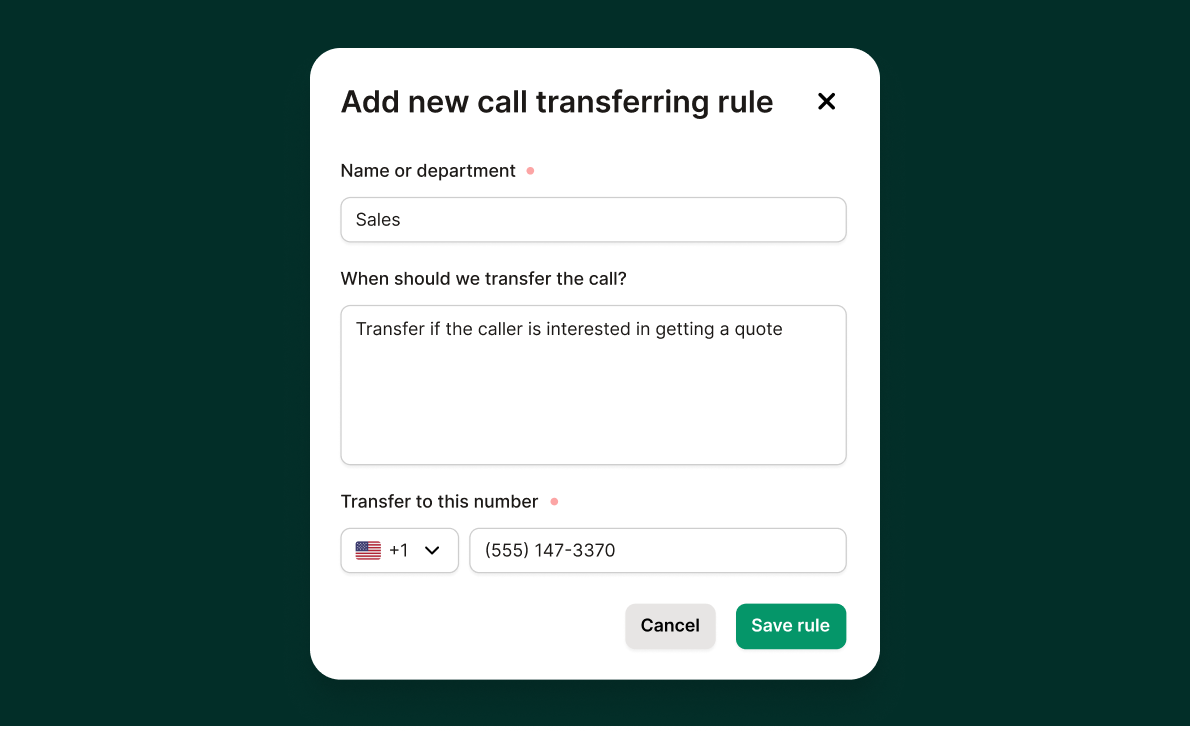 Call transfer settings showing team member phone numbers