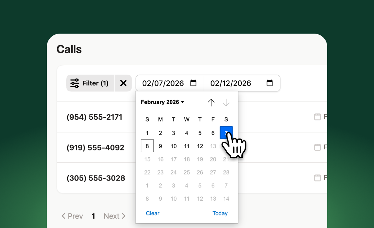 Call history filter showing date range selector