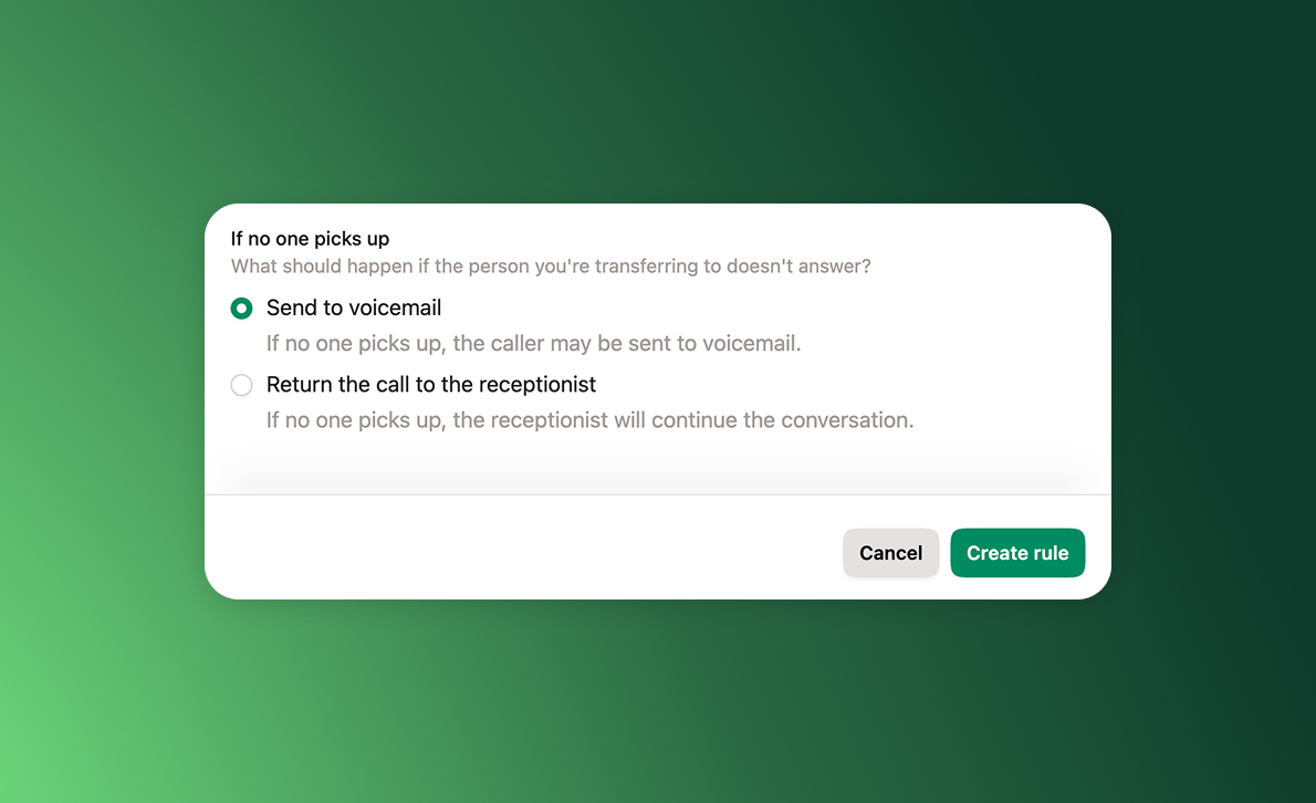 Upfirst user interface showing radio buttons that allow you to select between call transfer options 