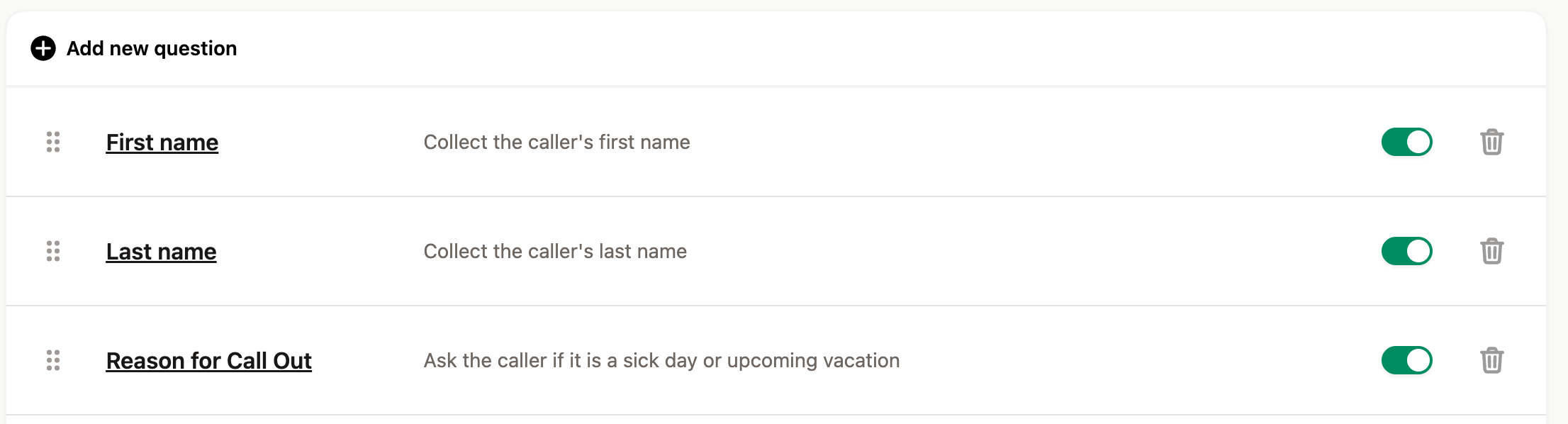 Screenshot of Upfirst employee call-out system interface showing the ability to have the AI receptionist collect pieces of information such as: - First name - Last name - Reason for the callout