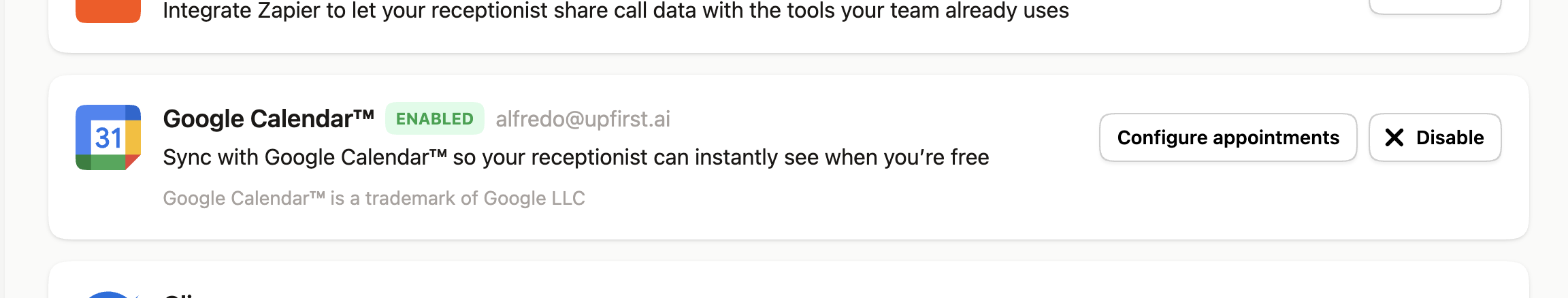 Screenshot of Google Calendar integration and Upfirst 