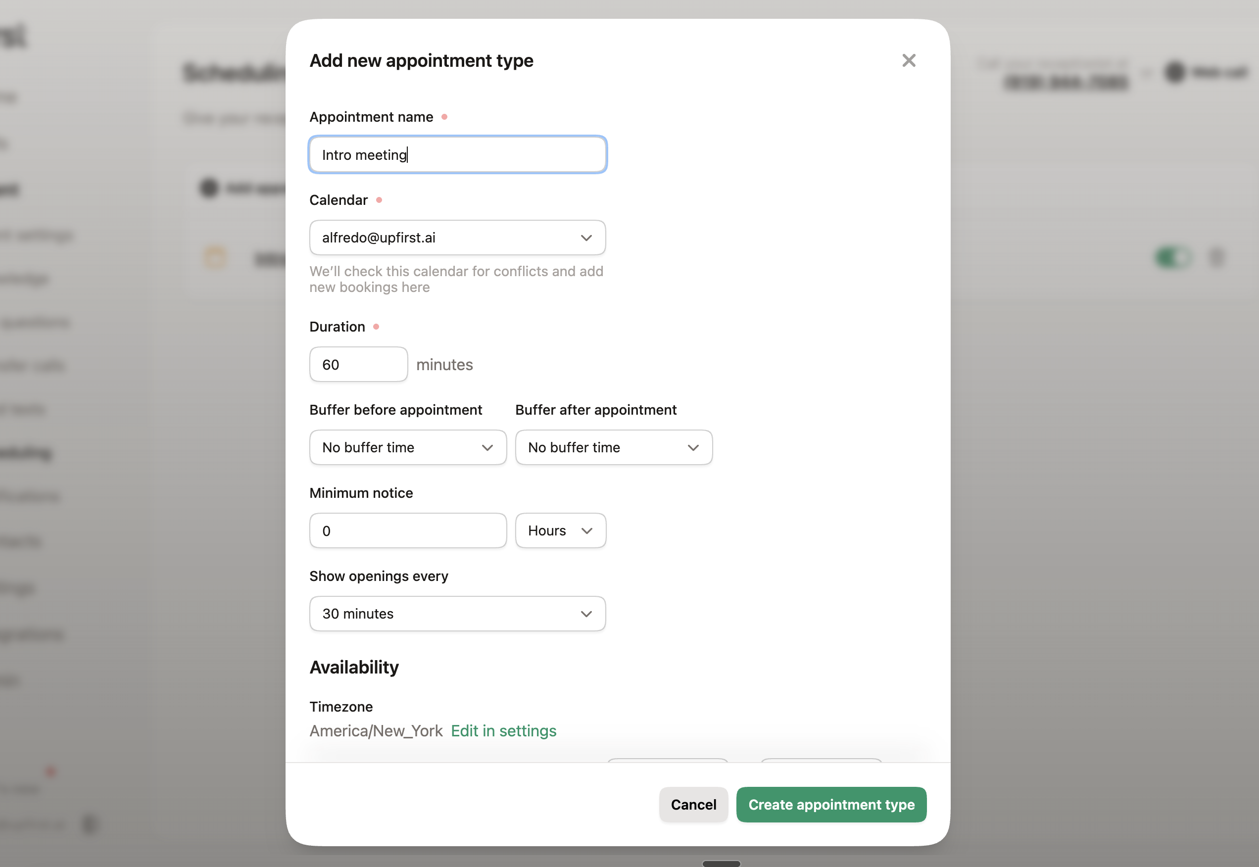 Screenshot of adding a new appointment type in Upfirst 
