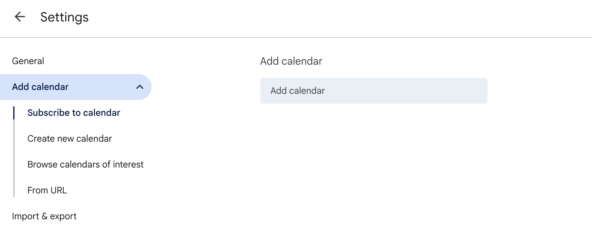 Screenshot showing Google Calendar settings and ability to subscribe to a calendar 