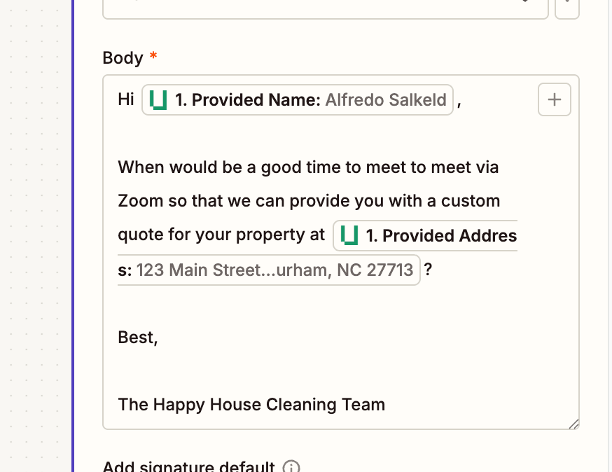 Screenshot showing mapping fields from an AI receptionist to an automated follow-up email. 