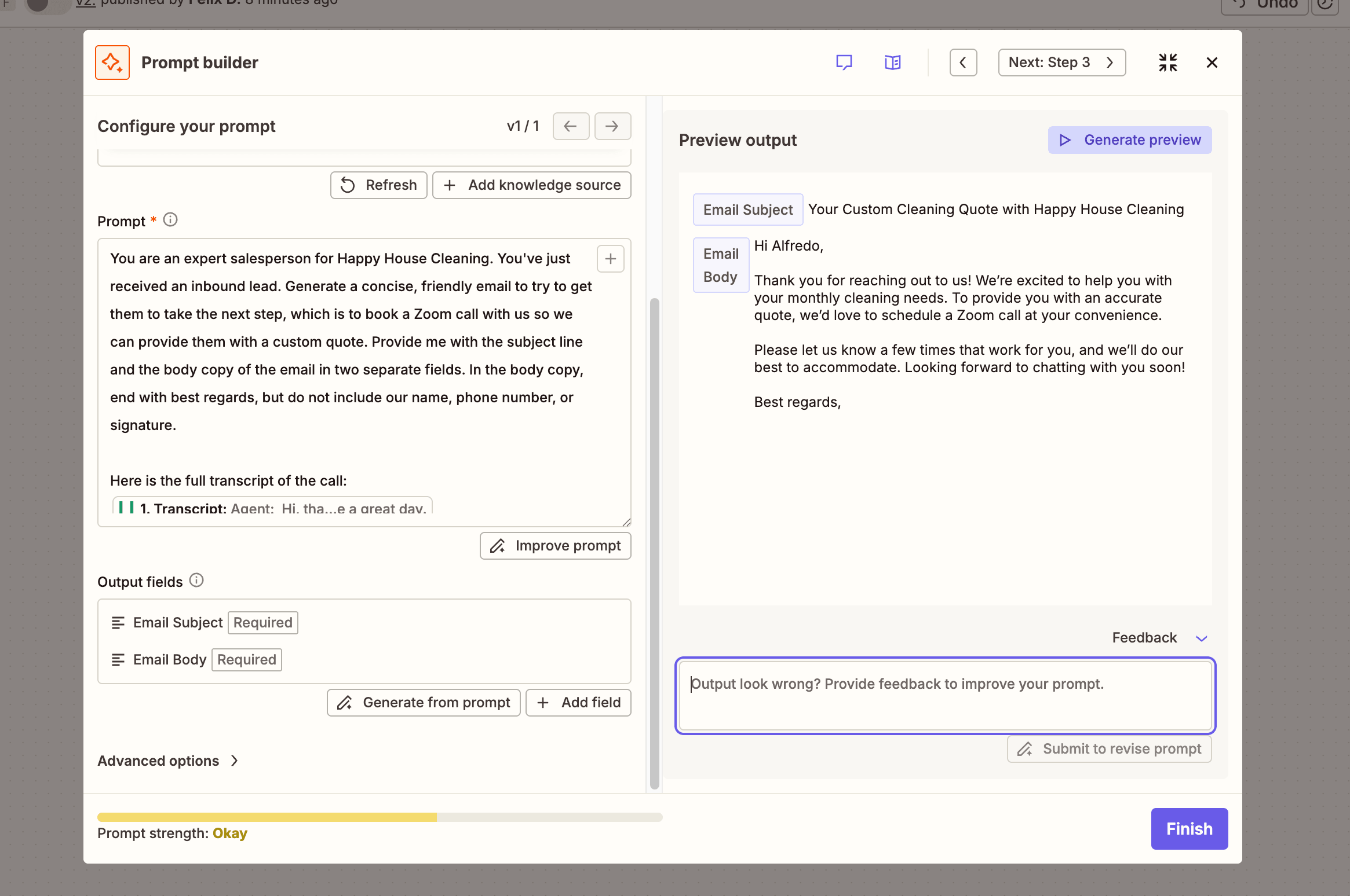 Screenshot showing the AI step in Zapier which allows the transcript from a call to be processed and turned into a personalized email. 