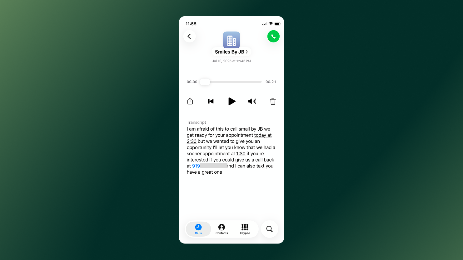 Screenshot of a voicemail transcribed on iPhone with iPhone's built-in voicemail transcription. 