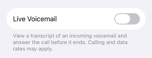 Screenshot of the live voicemail toggle on iPhone
