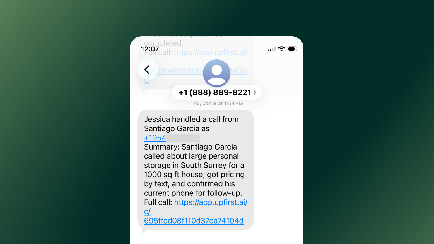 Example of a text message that was generated from a voice mail message that was left via Upfirst's AI Receptionist. 