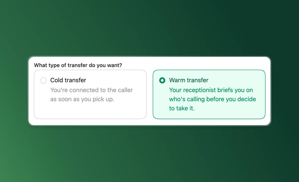 Screenshot of Upfirst interface showing the ability to select between a cold transfer or a warm transfer