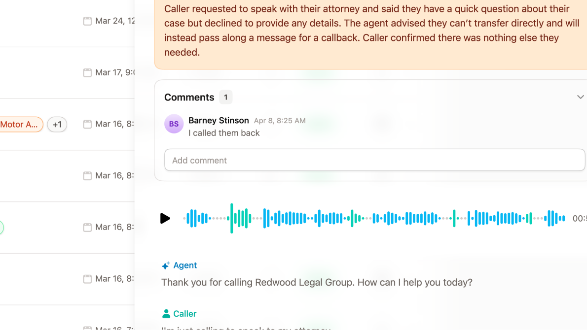 Upfirst UI showing the ability to add a comment to a call