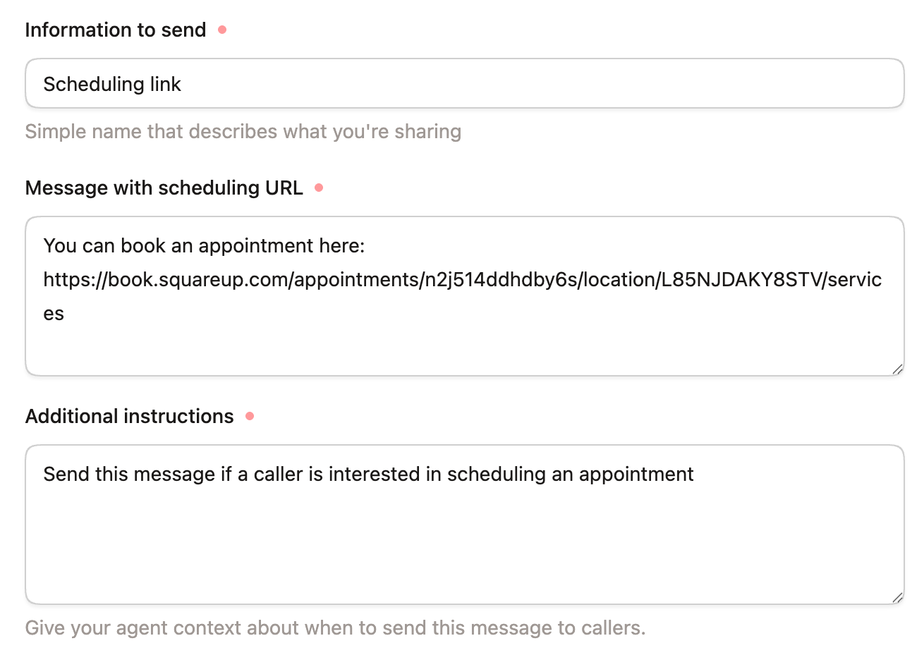 Screenshot showing the ability to specify a scheduling link that gets sent out to callers
