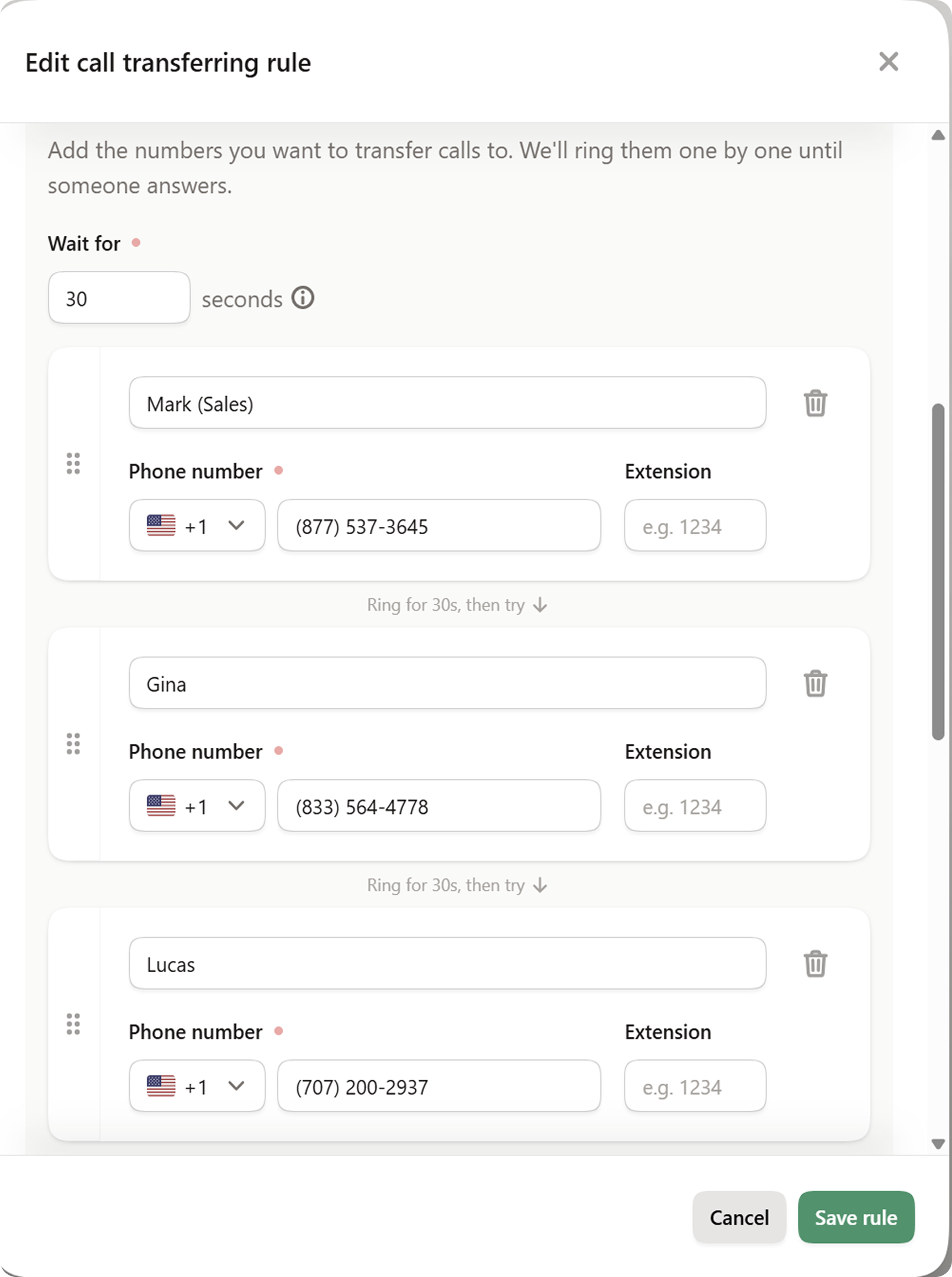 An example of setting up sequential ringing using Upfirst's AI receptionist service.