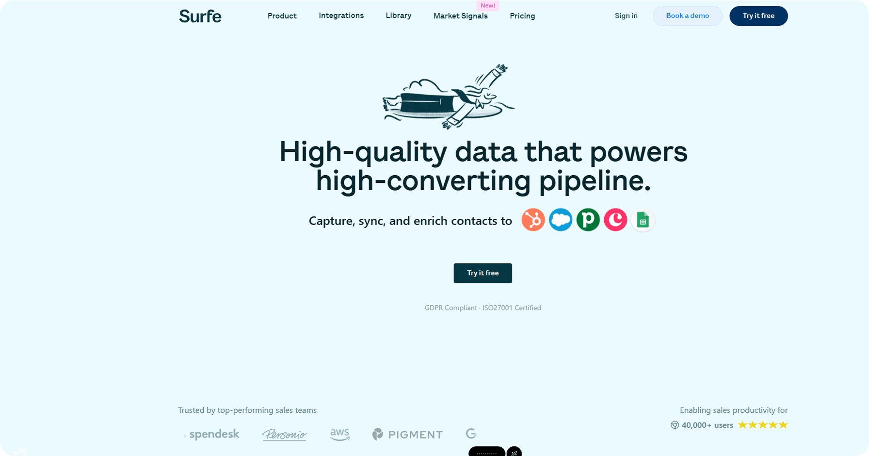 An example of Surfe home page as an AI lead generation tool for 2026.